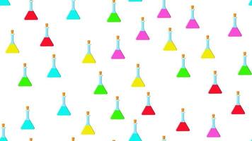 Seamless pattern texture of endless repeating triangular multi-colored medical chemical glass scientific test tubes of flasks cans on white background. Vector illustration