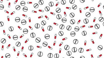Seamless pattern texture of endless repetitive medicine tablets pills dragee capsules and medication plates with vitamins on a white background flat lay. Vector illustration