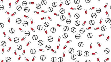 Seamless pattern texture of endless repetitive medicine tablets pills dragee capsules and medication plates with vitamins on a white background flat lay. Vector illustration