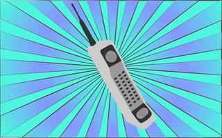 Retro old antique hipster mobile phone with an antenna from the 70s, 80s, 90s, 2000s against a background of abstract blue rays. Vector illustration