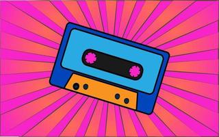 Retro old antique hipster musical audio cassette from the 70s, 80s, 90s, 2000s against a background of abstract purple rays. Vector illustration