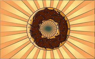 Delicious floury round hearty fresh donut in chocolate on a background of abstract yellow rays. Vector illustration