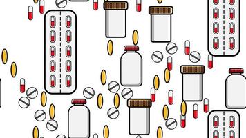 Seamless pattern texture of endless repetitive medicine tablets pills dragee capsules records cans of packs with medicines vitamins drugs on a white background flat lay top view. Vector illustration