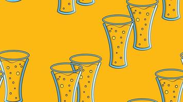 Seamless pattern of yellow repeating alcoholic beer glasses glass with beer frothy hop glass of malt craft lager on a yellow background for St. Patrick's Day. Vector illustration