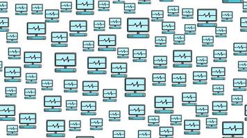 Seamless pattern texture of endless repetitive scientific medicine with the pulse and cardiogram of modern digital laptop computers with monitors on a white background. Vector illustration