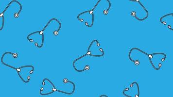 Seamless pattern texture of endless repeating medical instruments with stethoscopes of phonendoscopes for listening to the lungs and hearts on a blue background. Vector illustration