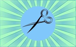 Linear round icon of scissors at the hairdresser on a background of abstract blue rays. Vector illustration