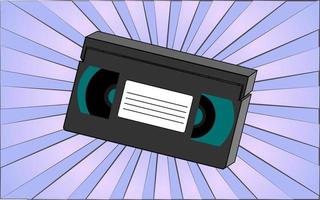 Retro old antique hipster video cassette from the 70s, 80s, 90s, 2000s against a background of abstract blue rays. Vector illustration