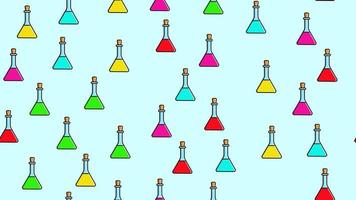 Seamless pattern texture of endless repeating triangular multi-colored medical chemical glass scientific test tubes of flasks cans on blue background. Vector illustration