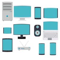 ilustración vectorial de un gran conjunto de iconos planos de teléfonos inteligentes digitales, computadoras, monitores de módems portátiles en un fondo blanco. concepto de tecnologías digitales informáticas vector