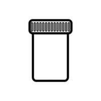 A small medical pharmacy jar with a lid for collecting tests or storing tablets, capsules, pills, a simple black and white icon on a white background. Vector illustration