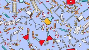 Seamless pattern texture of medicine items icons pricks pills pipettes stethoscopes tools doctor flasks capsules cans syringes on a blue background flat lay top view. Vector illustration