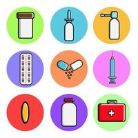 Set of medical round icons, medical equipment items jar, drops, spray, pills, packaging, syringe, first aid kit. Concept healthcare, hospitals, drugs, medicine