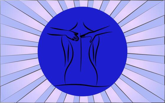 Linear round icon of back massage on a background of abstract blue rays. Vector illustration