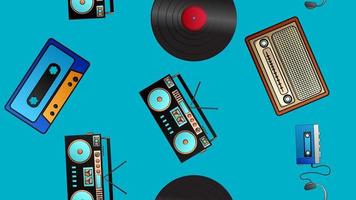 Seamless pattern of retro old hipster music audio cassette players and tape recorders vinyl records and radio from the 70s, 80s, 90s, 2000s on a blue background vector