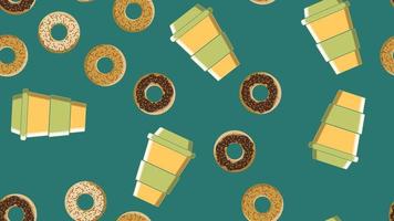 Seamless pattern, texture from different round sweet tasty hot donuts with sugar in caramel chocolate and a cup of hot fast take-out strong coffee on a blue background. Vector illustration