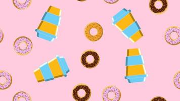 Seamless pattern, texture of different round sweet tasty hot donuts with sugar in caramel chocolate and a cup of hot, fast strong take-out coffee on a pink background. Vector illustration