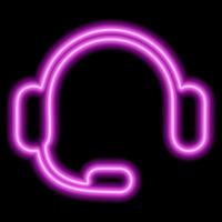 Pink headphones with a microphone. Neon outline on a black background. One object. Listen to music, play and chat vector