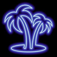 contorno de neón azul de dos palmeras en la playa sobre un fondo negro. descansar, viajar, vacaciones. ilustración del icono vector