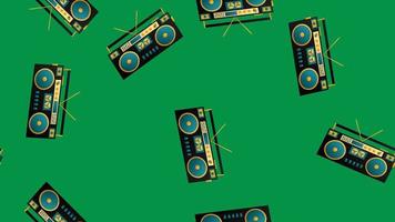 Seamless pattern of retro old hipster music audio tape recorders from the 70s, 80s, 90s, 2000s on a green background vector