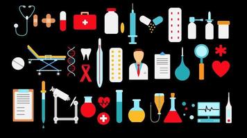 Medical pharmaceutical big set of medical items, equipment, icons on a black background pills thermometers capsules flasks medications first aid kit heart microscope. Vector illustration