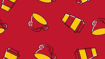 Seamless pattern of repeating glasses and ceramic cups with a quick hot invigorating coffee American espresso arabica in a cardboard cup to go on a red background. Vector illustration