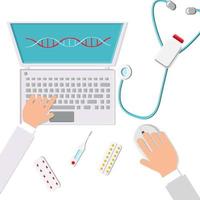 vector hombre médico trabajando sus manos en el lugar de trabajo en la oficina con una vista superior de la tableta del teléfono inteligente portátil, puesta plana. concepto digital moderno inteligente y nuevas tecnologías informáticas en medicina