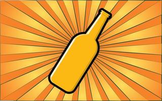 Tasty bottle of alcoholic yellow foamy beer on a background of abstract yellow rays. Vector illustration