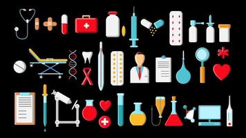 Big beautiful bright colored set of medical items and tools in a pharmacy or doctor's office, thermometer tablets syringes flasks medications on a black background. Vector illustration
