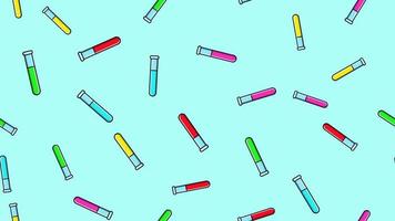 Seamless pattern texture of endless repetitive long multi-colored medical chemical glass scientific test tubes of flasks cans on blue background. Vector illustration