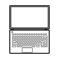 Vector illustration of a black and white flat icon of a simple modern digital digital rectangular laptop with keyboard isolated on white background. Concept computer digital technologies