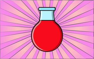 matraz químico de vidrio de ciencia de laboratorio rojo médico para investigación y estudio sobre un fondo de rayos púrpura abstractos. ilustración vectorial vector