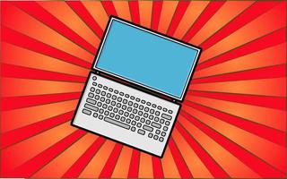 Modern digital laptop computer laptop on abstract red rays background. Vector illustration