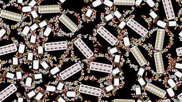 Seamless pattern texture of endless repetitive medicine tablets pills dragee capsules records cans of packs with medicines vitamins drugs on a black background flat lay top view. Vector illustration