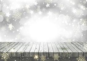 christmas background with wooden table against snowflake design vector