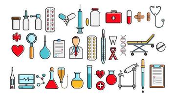 A big beautiful set of medical items and tools pharmacy or doctor's office, tablets thermometers syringes flasks on the background of multi-colored squares. Vector illustration