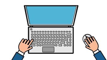 Vector illustration of a man working with his hands on a computer laptop with a mouse and keyboard on a white background top view, flat lay. Concept computer digital technologies