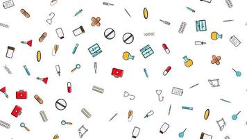 Seamless pattern texture of medicine items icons pricks pills pipettes stethoscopes tools doctor flasks capsules cans syringes on a white background flat lay top view. Vector illustration