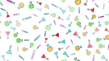 Seamless pattern texture of endless repeating multi-colored medical chemical glass scientific test tubes of flasks of different shapes on white background. Vector illustration