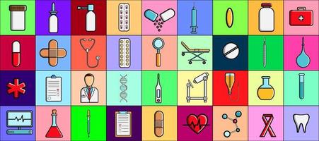 A large beautiful set of medical items and tools pharmacy or doctor's office, tablets thermometers syringes medication flasks on the background of multi-colored squares. Vector illustration