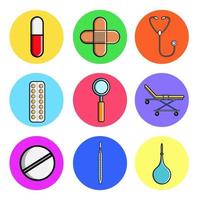 Set of medical round icons, medical equipment items capsule, pill, patch, stethoscope, plate, magnifier, gurney, thermometer, enema. Concept healthcare, hospitals, drugs, medicine vector