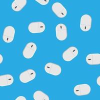 Seamless pattern, texture from modern digital wireless white two-button computer mice with a wheel, technology isolated on a blue background. Vector illustration