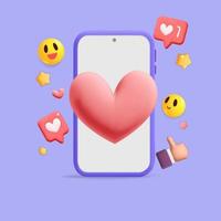 Social media network mobile app on smartphone with like, thumb up, emoji symbols 3d vector poster design