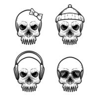 Set of skulls with accessories vector drawn in engraving style