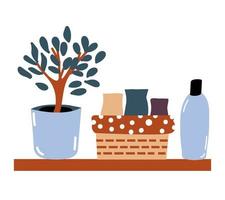 Houseplant in a pot, Laundry supplies, basket with jars on the shelf. Vector objects.