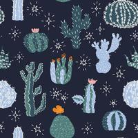 Cactus pattern. Vector desert plants and stars on dark background.