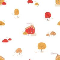 Pattern with red and yellow cozy houses, autumn trees and bushes. Autumn landscape. Vector background. Baby print