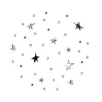 doodle cosmos ilustración ambientada en estilo infantil, clipart de diseño. polvo de estrella del espacio abstracto dibujado a mano. en blanco y negro. vector