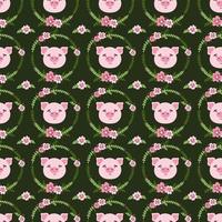 Cute kawaii pink pig face head and flower wreath vector seamless pattern. Farm animal flat cartoon texture for nursery, card, poster, fabric, textile.