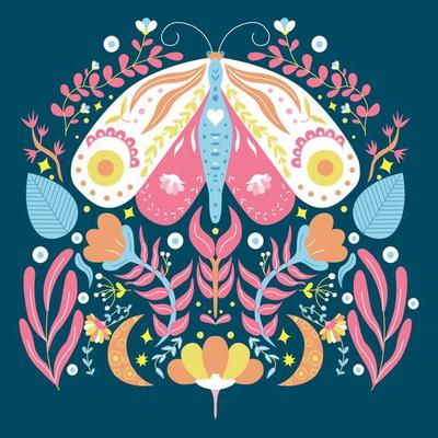 Beautiful spring creative art work illustration with flowers and butterfly. Floral poster, banner, wall art, modern design, card, print. Moth in a flower composition